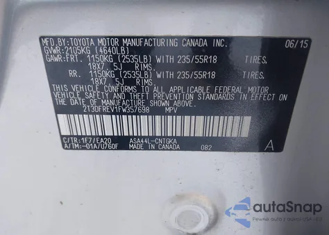 2015 Toyota Rav4 Limited from USA, damaged, VIN 2T3DFREV1FW357698